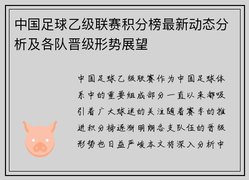 中国足球乙级联赛积分榜最新动态分析及各队晋级形势展望