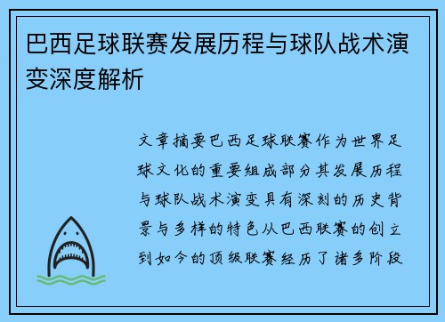 巴西足球联赛发展历程与球队战术演变深度解析